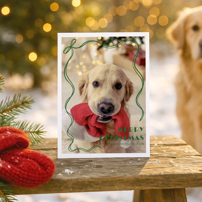 Postal Whimsical Red Ribbon Mascota Foto Feliz Navidad (Subido por el creador)