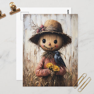 Postal Whimsical Scarecrow Holding Sunflowers