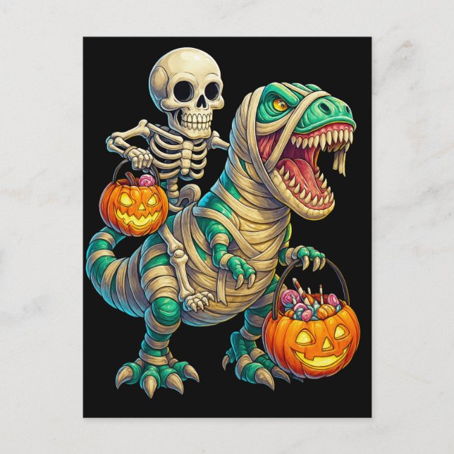 Postal Whimsical Skeleton Riding Mummy T-Rex Halloween (Anverso)