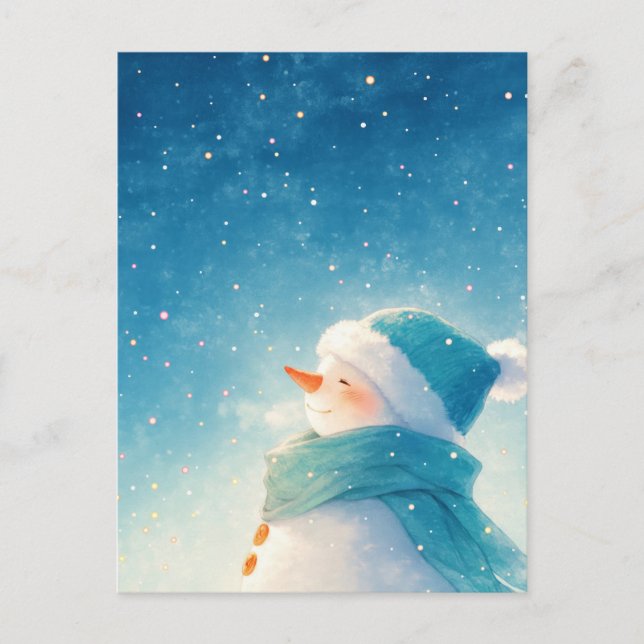 Postal Whimsical Smiling Snowman Under Starry Sky (Anverso)