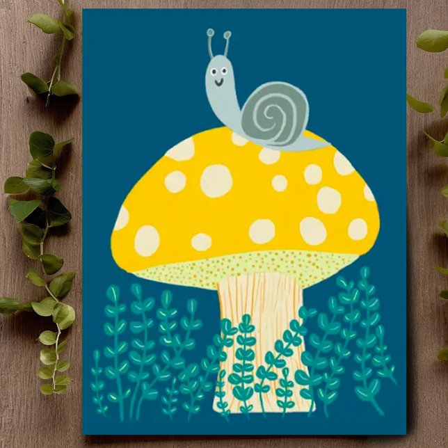 Postal Whimsical Snail on Magch Mushroom Cute (Cute snail on top of a mushroom, colorful drawing, Customize with your own text on the front or back)