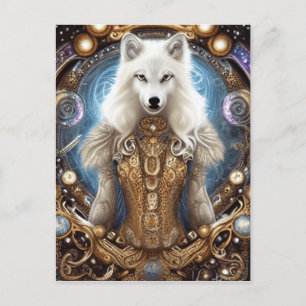 Postal Whimsical steampunk con encanto lobo blanco