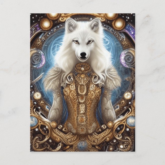 Postal Whimsical steampunk con encanto lobo blanco (Anverso)