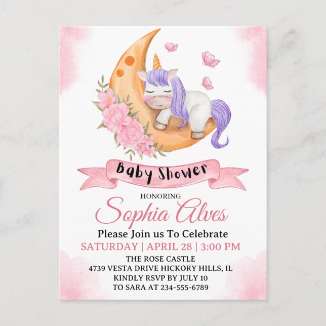 Postal Whimsical Unicorn Moon Baby Shower Para Niña (Anverso)