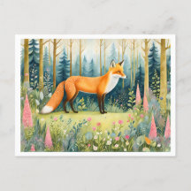 Whimsical Watercolor Fox en el bosque
