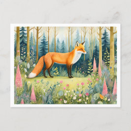 Postal Whimsical Watercolor Fox en el bosque
