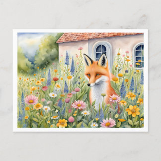 Postal Whimsical Watercolor Fox en Flower Garden