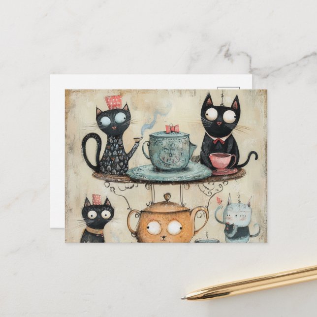 Postal Whimsy Kitty Tea Fiesta (Anverso/Reverso In Situ)