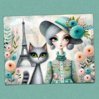 Postal Whimsy parisino: Mujer elegante y gato adorable