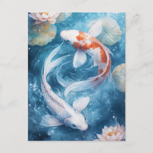 Postal White and Orange Koi Fish Swirling in Lotus Pond (Anverso)