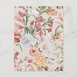 Postal White Cats Pink Roses Floral Flat Thank You Card