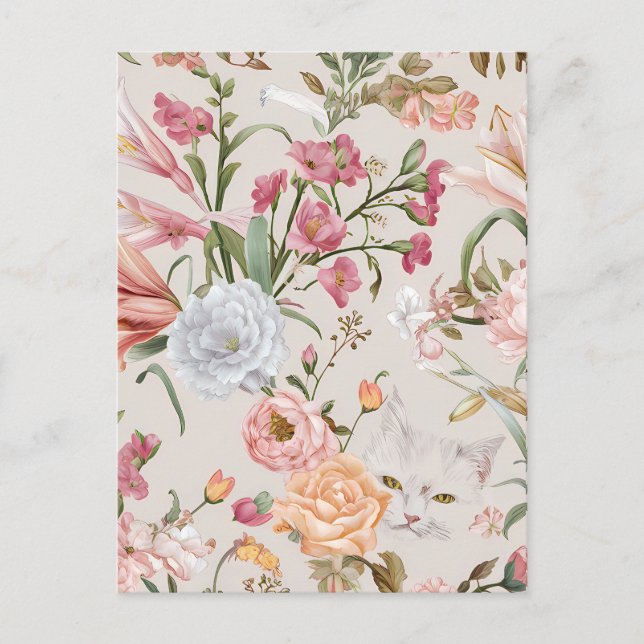 Postal White Cats Pink Roses Floral Flat Thank You Card (Anverso)