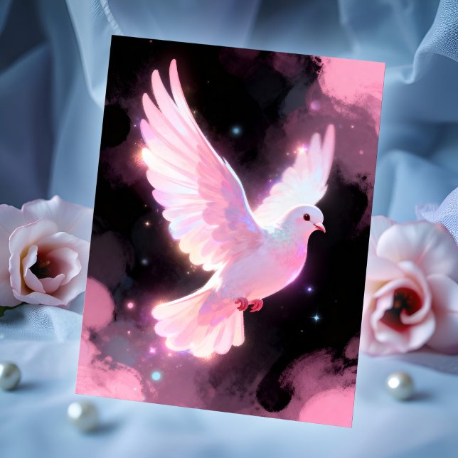 Postal White Dove Ethereal Love Pink Clouds Celestial (White dove in flight over starry night and pink clouds - calm, romantic, quietly magical art card.)