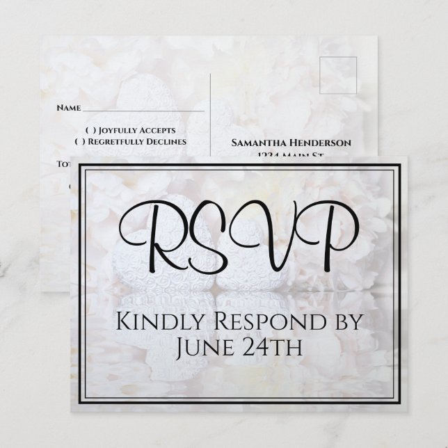 Postal White Hearts & Peony Reflections Wedding RSVP (Anverso / Reverso)