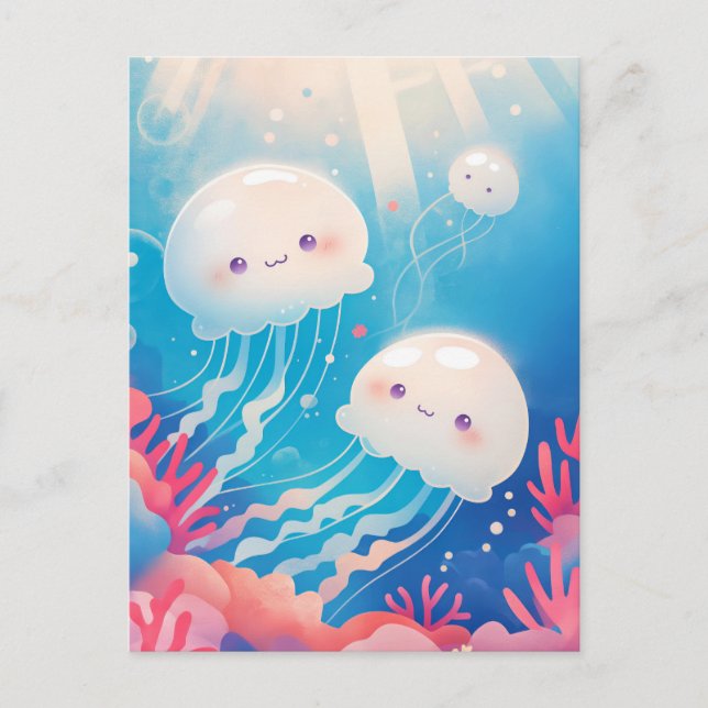 Postal White Jellyfish Couple in Blue Tropical Coral Reef (Anverso)