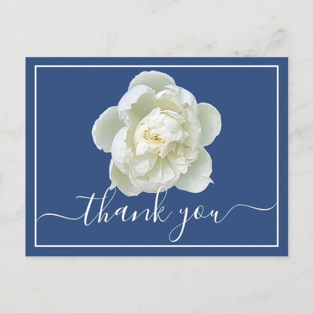 Postal White Peony Blue Background Gracias  (Anverso)