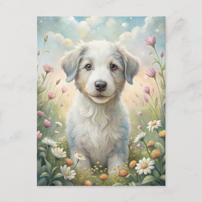 Postal White Puppy Pastel Wildflowers Daisies Sunshine (Anverso)