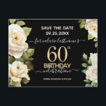 Postal White Roses 60th Birthday Save the Date Postcard<br><div class="desc">Fiesta de cumpleaños número 60 de color de las rosas blancas. Elegante diseño floral para cualquier celebración de cumpleaños. Fácil de personalizar con plantilla. Magnífico ahorro en el diseño de la plantilla de cumpleaños de fecha. moda sencilla,  moderna,  elegante y a la moda diseño floral de acuarela</div>