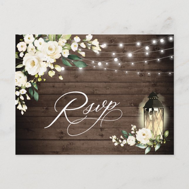 Postal White Roses Wedding RSVP con elección de comida (Anverso)