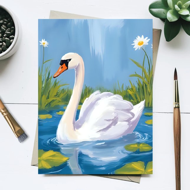 Postal White Swan | Pond Watercolor Bird Painting (Subido por el creador)