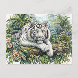 Postal White Tiger In Jungle Watercolor Art