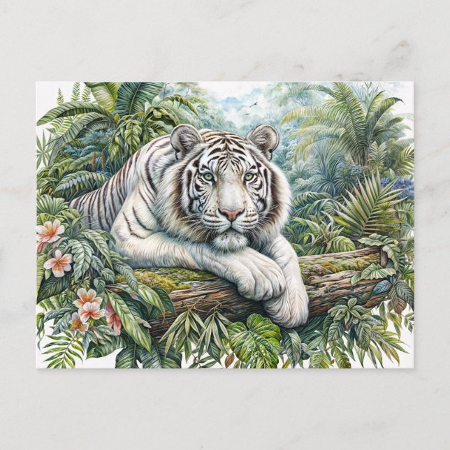 Postal White Tiger In Jungle Watercolor Art (Anverso)