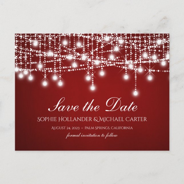 Postal White Twinkle String Luces Red Save the Date (Anverso)