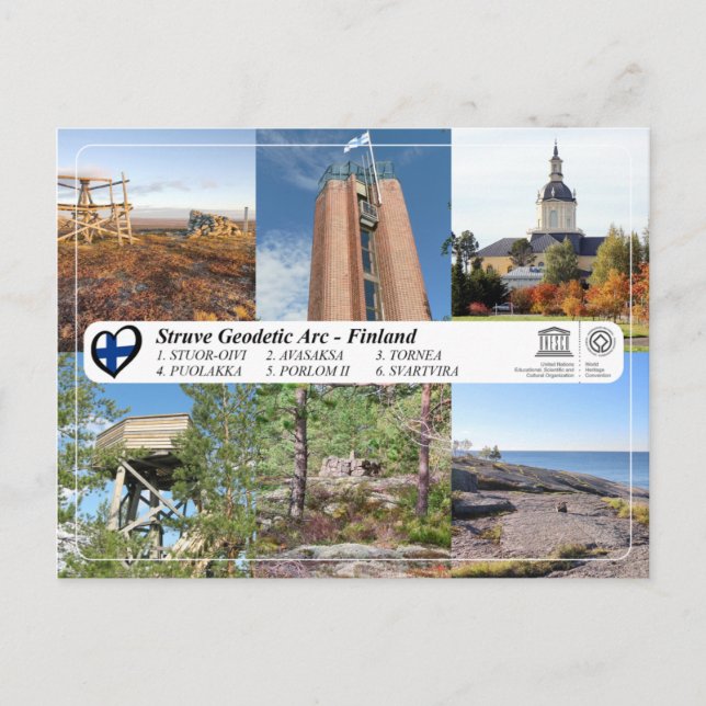 Postal WHS de UNESCO - Arco geodésico fuerte en Finlandia (Anverso)