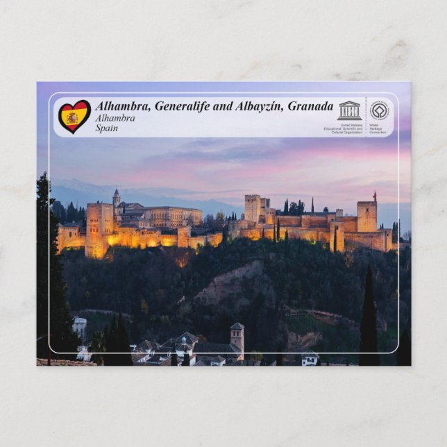 Postal WHS UNESCO - Alhambra, Granada (Anverso)