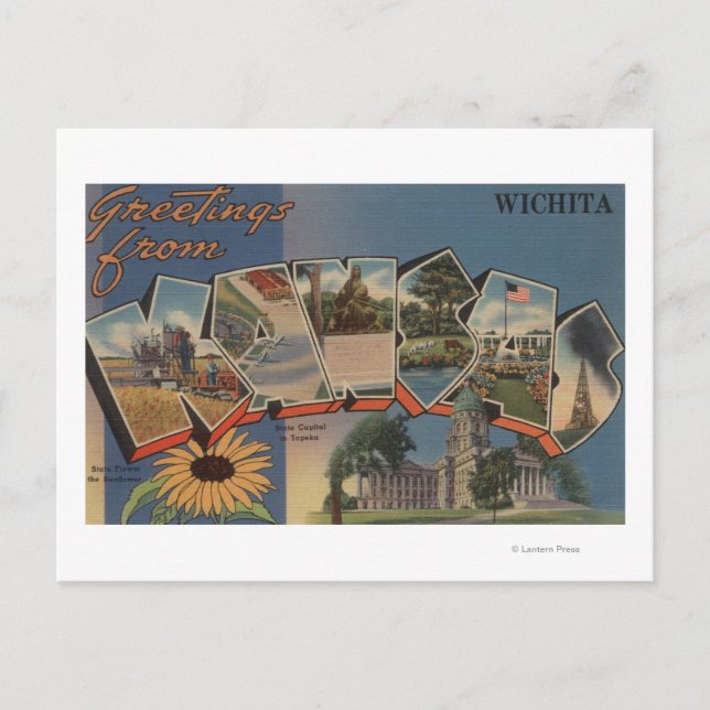 Postal Wichita, Kansas - Escenas de letras grandes (Anverso)