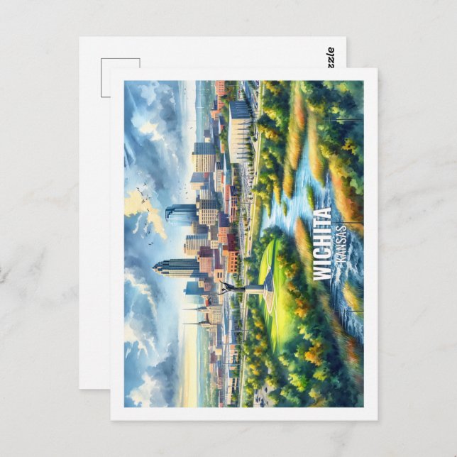 Postal Wichita Kansas USA Famoso Travel Place acuarela (Anverso / Reverso)