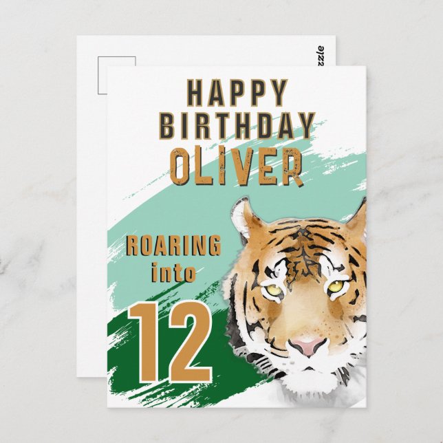 Postal Wild Tiger Head Watercolor Birthday  (Anverso / Reverso)