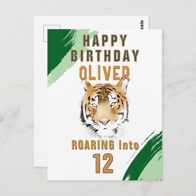 Postal Wild Tiger Head Watercolor Birthday  (Anverso / Reverso)