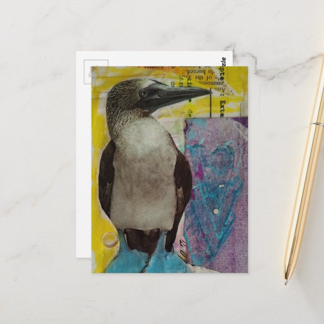 Postal Wildlife Blue Footed Bird mixed media collage (Anverso/Reverso In Situ)