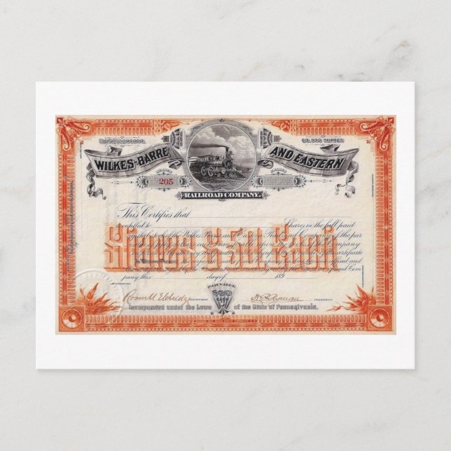 Postal Wilkes Barre y Eastern RailRailRailroad Stock Vint (Anverso)