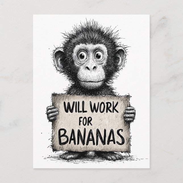 Postal Will Work for Bananas - Esbozo cómico de monos (Anverso)