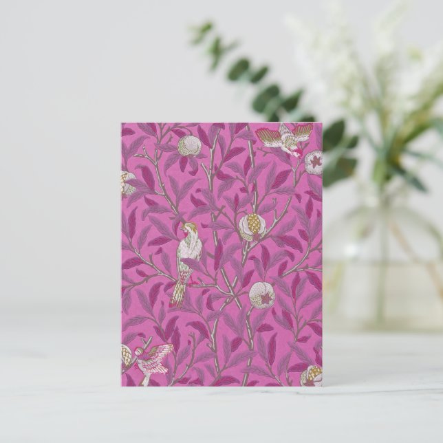 Postal William Morris, Aves rosadas calientes y Pommegren (Anverso de pie)