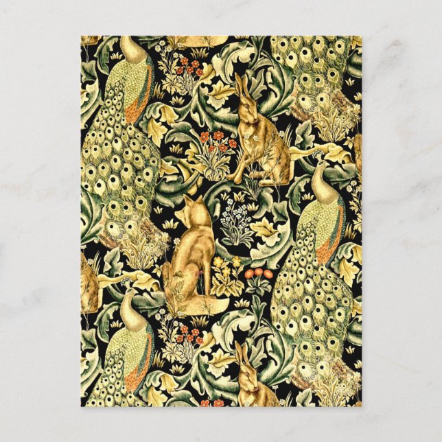 Postal William Morris Forest Tapestry Fox Hare Peacock (Anverso)