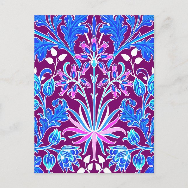 Postal William Morris Hyacinth Print, Aqua y Purple (Anverso)