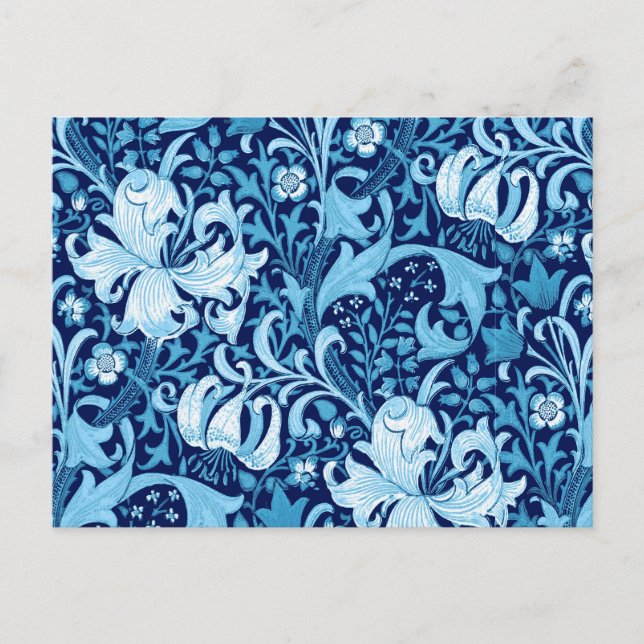Postal William Morris Iris y Lily, Indigo Azul y Blanco (Anverso)