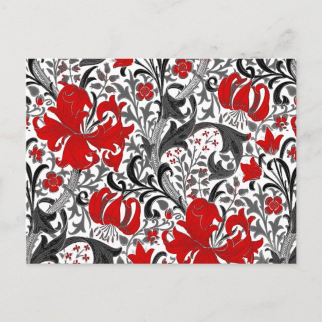 Postal William Morris Iris y Lily, Negro, Blanco y Rojo (Anverso)