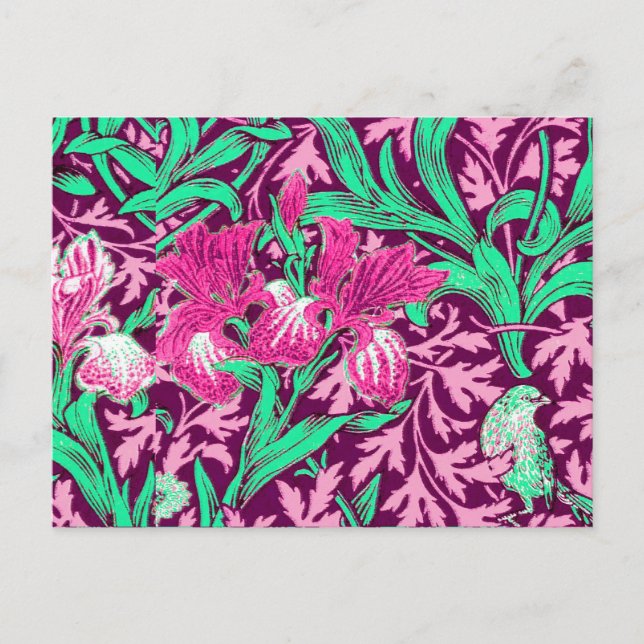 Postal William Morris Irises, Fuchsia rosa y vino (Anverso)