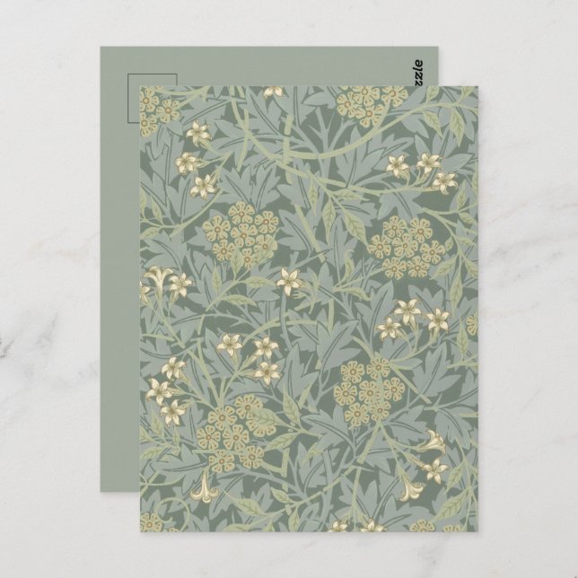 Postal William Morris Jasmine Azul Arte Botánico Verde (Anverso / Reverso)