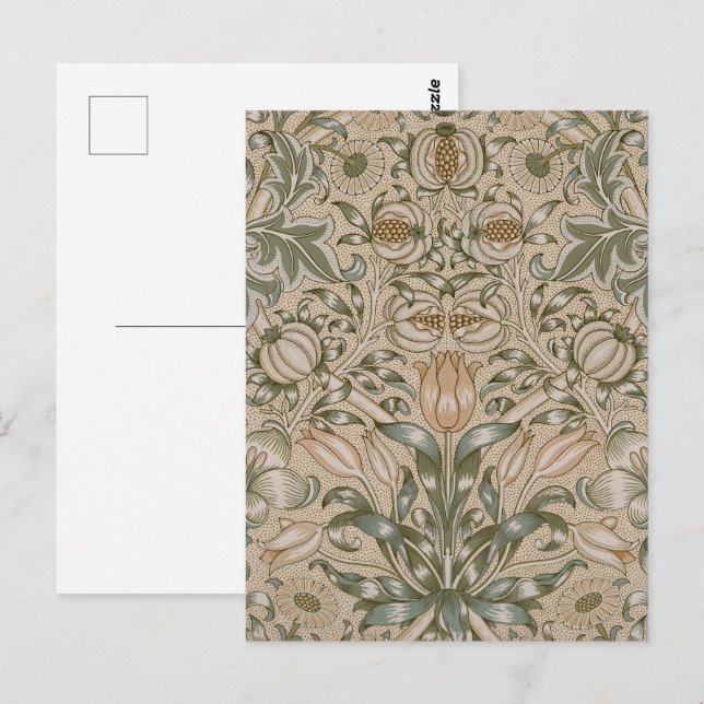 Postal William Morris Lily y el patrón de flores de grana (Anverso / Reverso)