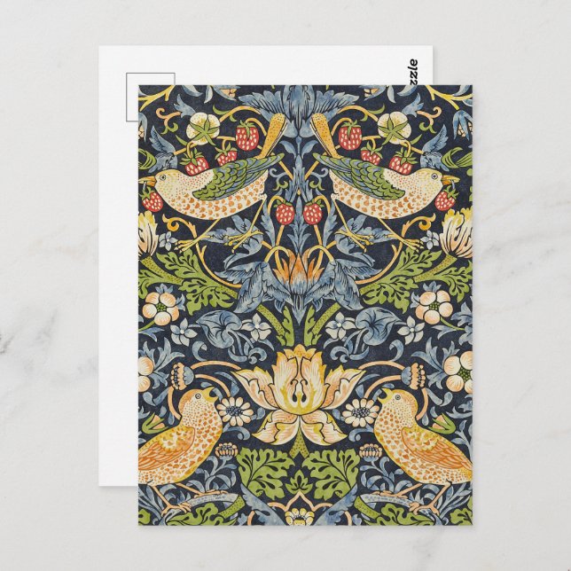 Postal William Morris - Patrón floral de fresa (Anverso / Reverso)