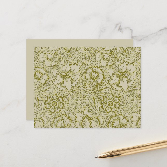 Postal William Morris Poppy Classic Floral Green (Anverso/Reverso In Situ)