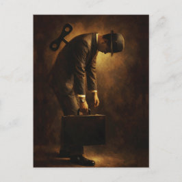 Postal Wind-Up Office Man Surreal Routine Grind Oil Paint