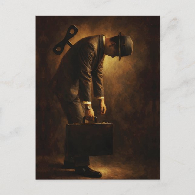 Postal Wind-Up Office Man Surreal Routine Grind Oil Paint (Anverso)