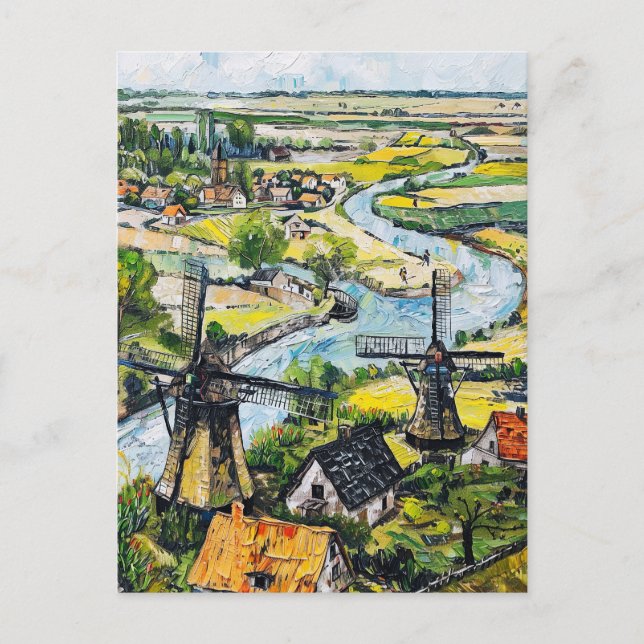 Postal Windmills and Church by River Fantasy Painting (Anverso)