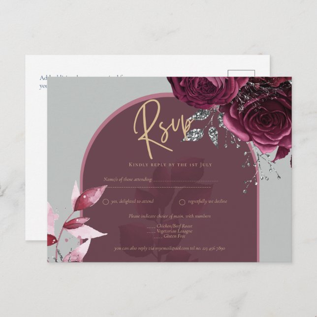 Postal Wine Red Roses Borgoña Boda de Oro RSVP (Anverso / Reverso)
